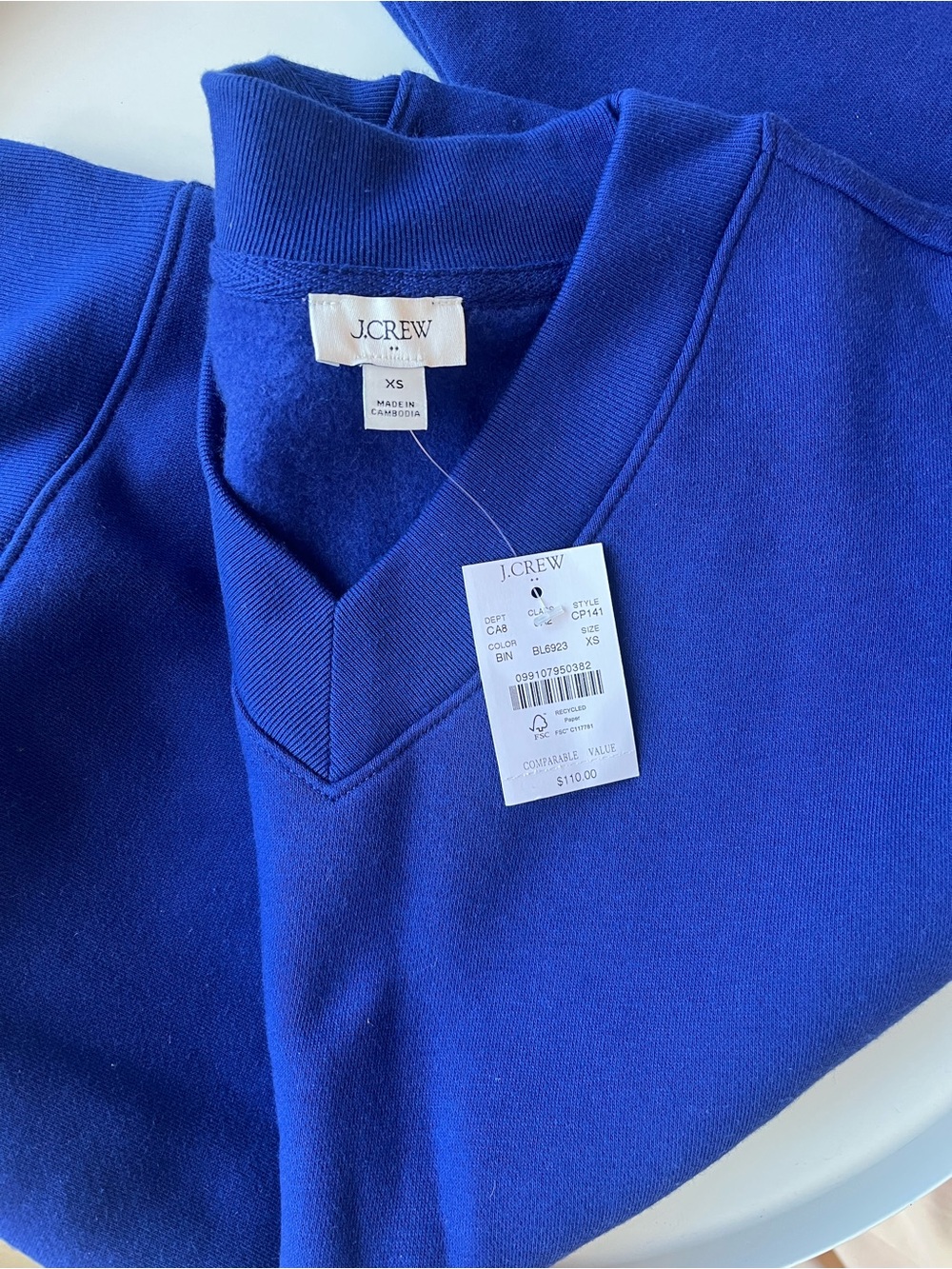 NWT J Crew Royal Blue V Neck Fleece Sweatshirt sz XS